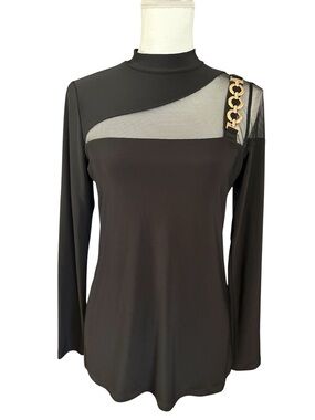 Artex Fashions Mesh Cutout Long Sleeve Top with Gold Chain Accent Size S